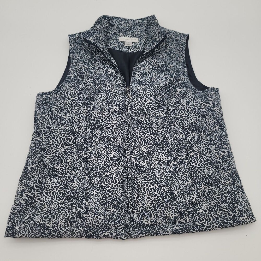 CJ Banks Women’s Blue White Floral Vest, Full Zip & Pockets Size S